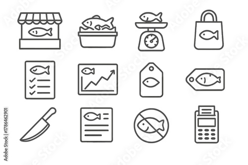 Fish Market Icons. Fish Markets and Consumers. Line icon set of Fish Markets and Consumers: market stall, iced fish display, weighing scale, reusable bag,