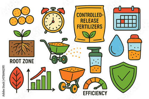 Fertilizer Icons and Symbols. Controlled-release fertilizers. Colorful Hand-drawn doodle Children illustration Controlled-release fertilizers coated granules,