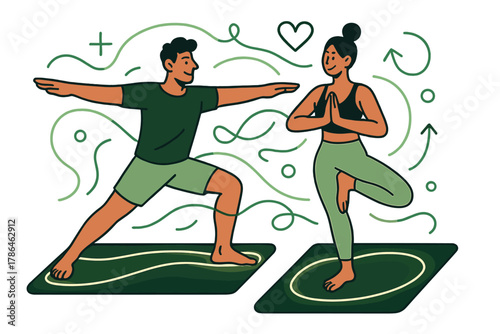 Couples Yoga Harmony. Couples fitness. Two people doing yoga side by side on glowing mats, abstract energy