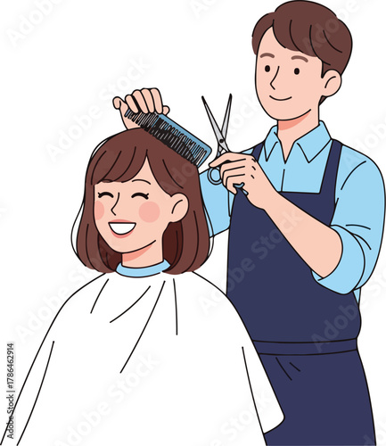 Happy Client Receiving a Professional Haircut from a Smiling Male Stylist in a Salon