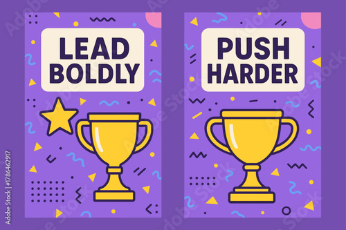 Lead Boldly Banners. Lead boldly. Two vertical A6 banners with safe margins, centered composition, no elements touching edges, memphis, purple and yellow,