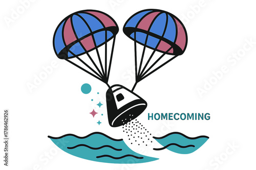 Capsule Re-entry Art. Capsule Re-entry & Parachutes. Twin canopies blossom like geometric flowers while heat-tile sparkles trail below. A calm ?Homecoming? tag