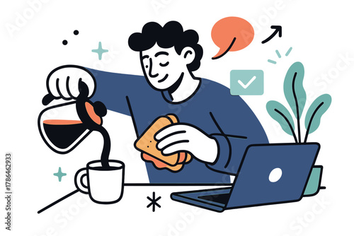 Dynamic Coffee Break. Quick break. A person pouring coffee while grabbing a sandwich, laptop notifications