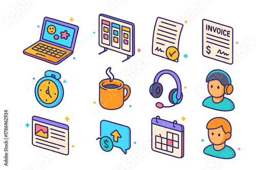 Freelancing Icon Set. Freelancing & Gig Economy. Colorful isometric vector icons set of Freelancing & Gig Economy: laptop with stickers, kanban task board,