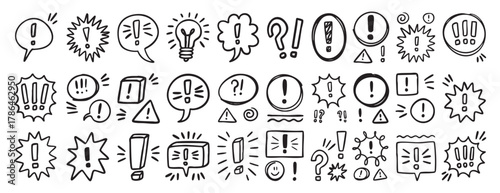 Hand drawn exclamation mark doodle speech bubbles set. Comic chat balloon collection. Sketch style communication elements vector