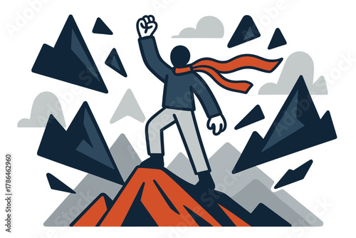 Mountain Ridge Freedom. Mountain Breeze. Figure standing on a ridge with scarf flowing in the wind, surrounded