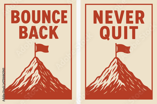 Retro Mountain Banners. Resilience. Two vertical A6 banners with safe margins, centered composition, no elements touching edges, retro, red and beige, mountain