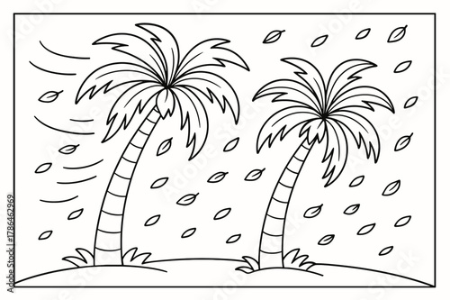 Windy Palm Coloring. Windy palm day children?s coloring book illustration, outlined drawing, palm trees bending gently in the breeze with curved motion lines