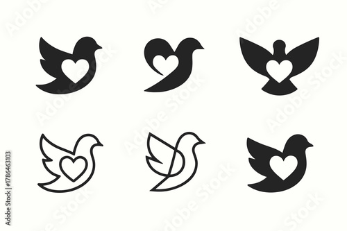 Dove Love Logos. Love and affection. Set Logo of Love and affection: Dove. harmonious logo variations of the same emblematic concept, each with different