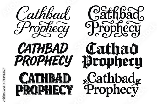 Creative Lettering Styles. Cathbad Prophecy. Set lettering. harmonious lettering variations of the same emblematic concept, each with different artistic