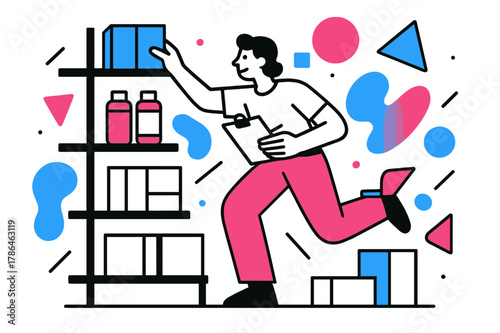 Efficient Inventory Management. Restocking Supplies. Person checking inventory and placing items on shelves with floating abstract geometric shapes, organized