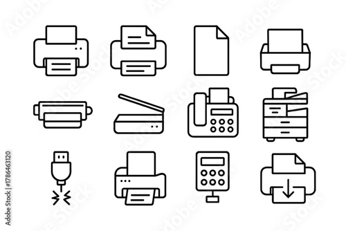 Office Equipment Icons. Office printing. Line outline icon set of print and scan equipment: laser printer,
