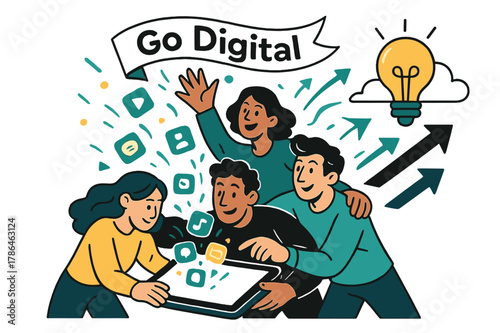 Digital Transformation Dynamics. Embracing digital transformation. Teams huddle around a giant tablet as apps swirl upward; ?Go digital? appears on a floating