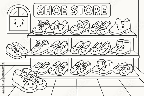 Smiling Shoes Shop. Shoe store children?s coloring book illustration, outlined drawing, cartoon shop with