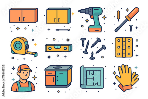 Colorful Kitchen Makeover Icons. Kitchen makeover. Colorful isometric vector icons set of kitchen makeover: upper cabinets, lower cabinets, drill, screwdriver,