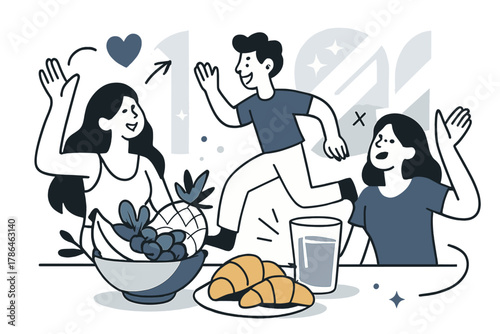 Summer Brunch Scene. Summer brunch. Fruit bowl placed beside croissants and juice; soft sunlight and abstract