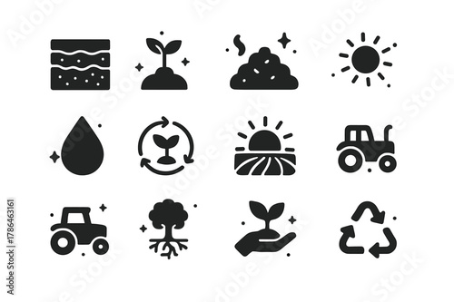 Regenerative Agriculture Icons. Regenerative Agriculture. Solid icons set of Regenerative Agriculture: soil layers, seedling, compost pile, earthworm, water
