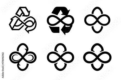 Recycled Metal Logo Variations. Recycled metal jewelry. Set Logo of Recycled metal jewelry: infinity loop ring. harmonious logo variations of the