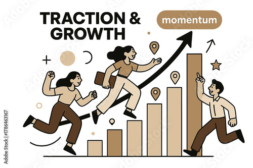 Momentum Visualized. Pitch Deck ? Traction & Growth. Bars and curves soar upward; milestone icons pulse at key dates. Label ?momentum.? glows at peak. Modern
