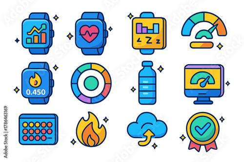 Wearable Data Visuals. Wearable data dashboards. Colorful isometric vector icons set of Wearable data dashboards: fitness trends graph, heart rate timeline,