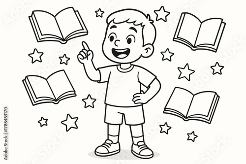 Storytelling Adventure Illustration. Storytelling moment children?s coloring book illustration, outlined drawing, a kid standing proudly and telling a story