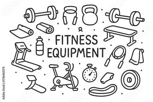 Fitness Gear Doodle. Fitness Equipment. Hand-drawn doodle illustration of Fitness Equipment. dumbbell,