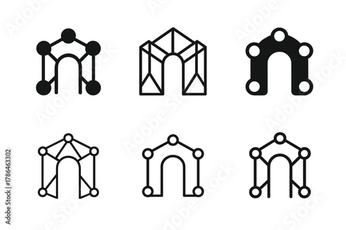 Interlinked Nodes Logos. Professional networking. Set Logo of Professional networking: interlinked nodes forming doorway. harmonious logo variations of the