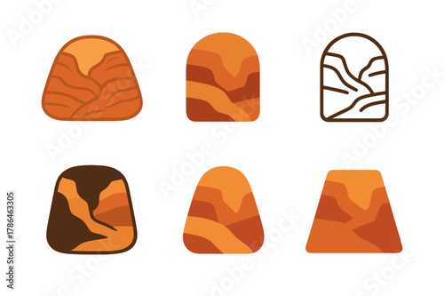 Canyon Logo Variations. Desert canyon. Set Logo of Desert canyon: layered sandstone strata. harmonious logo variations of the same emblematic concept, each