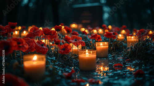 Close up lit candles poppies around war memorial Remembrance Day vigil soft glow candlelight somber scene empty left side