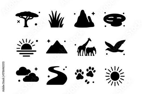 Savanna Scene Icons. Savanna Landscape. Solid icons set of Savanna Landscape: acacia tree, tall grass, termite mound, watering hole, sunset, mountain, herd