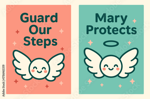 Angelic Banners Design. Angelic Protection. Two vertical A6 banners with safe margins, centered composition, no elements touching edges, kawaii, coral and