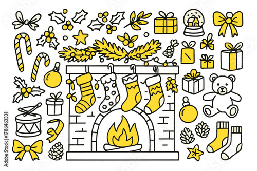 Festive Mantel Decor. Mantel decorations. Hand-drawn doodle illustration Christmas stockings (colored), fireplace (colored), mantel (colored), candy canes
