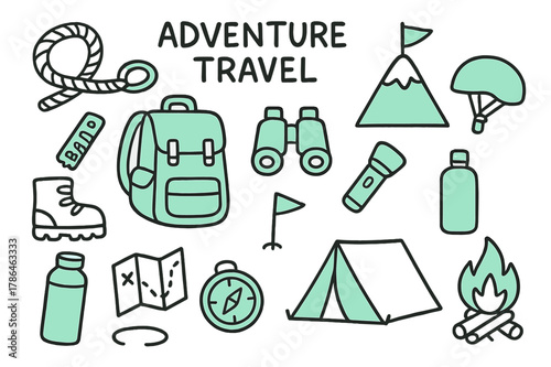 Adventure Gear Highlights. // Adventure travel. Hand-drawn doodle illustration Adventure travel [backpack (accented), rope, helmet, mountain peak (accented),