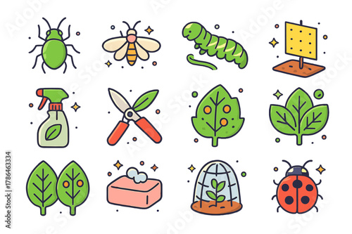 Pest Control Icons. Pest and disease control. Colorful isometric vector icons set of Pest and disease control: aphid insect, whitefly, tomato hornworm, yellow