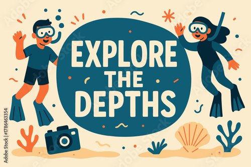 Explore the Depths. Explore the depths banner, flat vector illustration, bold oversized text inside rounded blob, cartoon characters diving and waving,