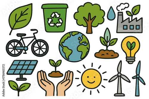 Environmental Awareness Doodles. Environmental awareness. Colorful Hand-drawn doodle Children illustration Environmental awareness green leaf, recycling bin,