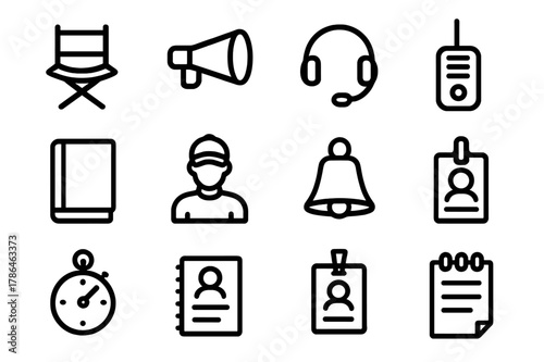 Director Crew Icons. Director and Crew. Line icon set of Director and Crew: director chair, megaphone, headset, clipboard, script binder, stage manager, cue