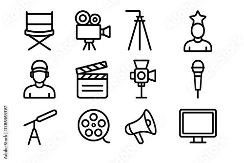 Film Set Icons. On-set filming. Line outline icon set of on-set filming: director?s chair, camera, tripod,