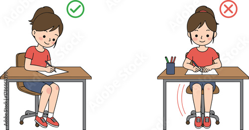 Correct and incorrect sitting posture while writing, school girl demonstrating proper study position at desk, educational concept, flat vector illustration