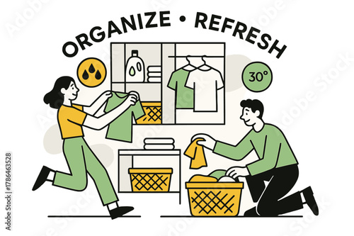 Minimalist Laundry Room. Sorting Clothes in a Laundry Room. A minimalist interior?open shelves, baskets, hanging rail. Floating icons show detergent drops and