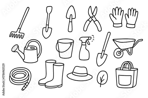 Garden Tool Doodles. Garden tools. Hand-drawn doodle illustration garden tools rake, shovel, trowel, pruning shears, gloves, watering can, bucket, spade, spray