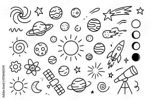 Cosmic Motions Doodle. Planets and cosmic motion. Hand-drawn doodle illustration Planets and cosmic motion orbit lines, planet rings, sun, comet, shooting