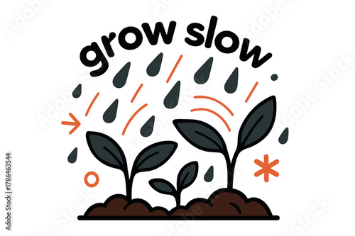 Sprouting Seedlings Symphony. Seeds ? Rain Nourish. Droplets fall across sprouting soil; arcs mark hydration lines. Caption ?grow slow? curves above seedlings.