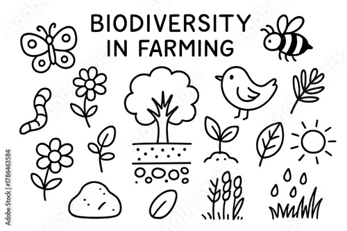 Diverse Farming Icons. Biodiversity in farming. Hand-drawn doodle illustration Biodiversity in farming butterfly, bee, flower, bird, tree, worm, soil, seed,