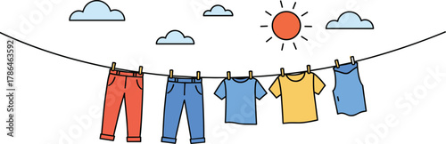 Colorful clothes hanging on a clothesline under sunny sky with clouds, drying in fresh air, flat clean laundry vector illustration