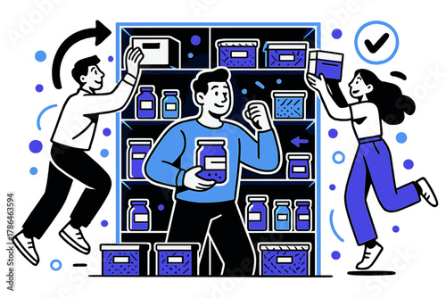 Organized Storage Bliss. Maximized storage. Shelves filled neatly with labeled jars, boxes, and baskets,