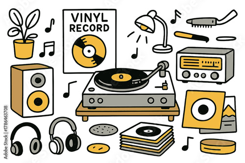 Colorful Vinyl Setup. Turntable setup. Hand-drawn doodle illustration record player (colored), vinyl records (colored), turntable (colored), speaker (colored),
