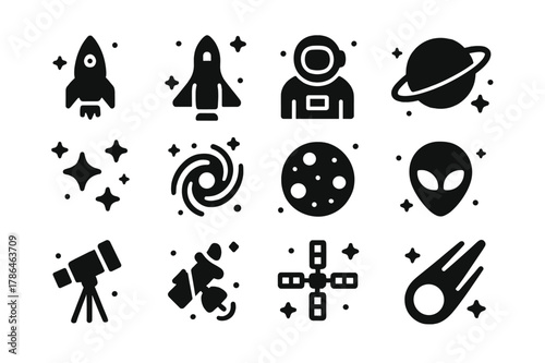 Space Exploration Icons. Space Exploration. Solid icons set of space exploration: rocket, spaceship, astronaut, planet, stars, galaxy, moon, alien, telescope,