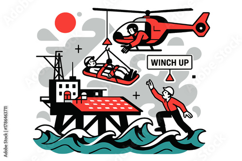 Offshore Rescue Operation. Offshore Platform Rescue. Swells rise around a rig as a stretcher swings beneath the helicopter; deck lights form a tidy grid.