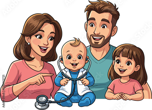 Happy family with baby playing doctor using stethoscope, smiling parents and sister enjoying fun medical role play